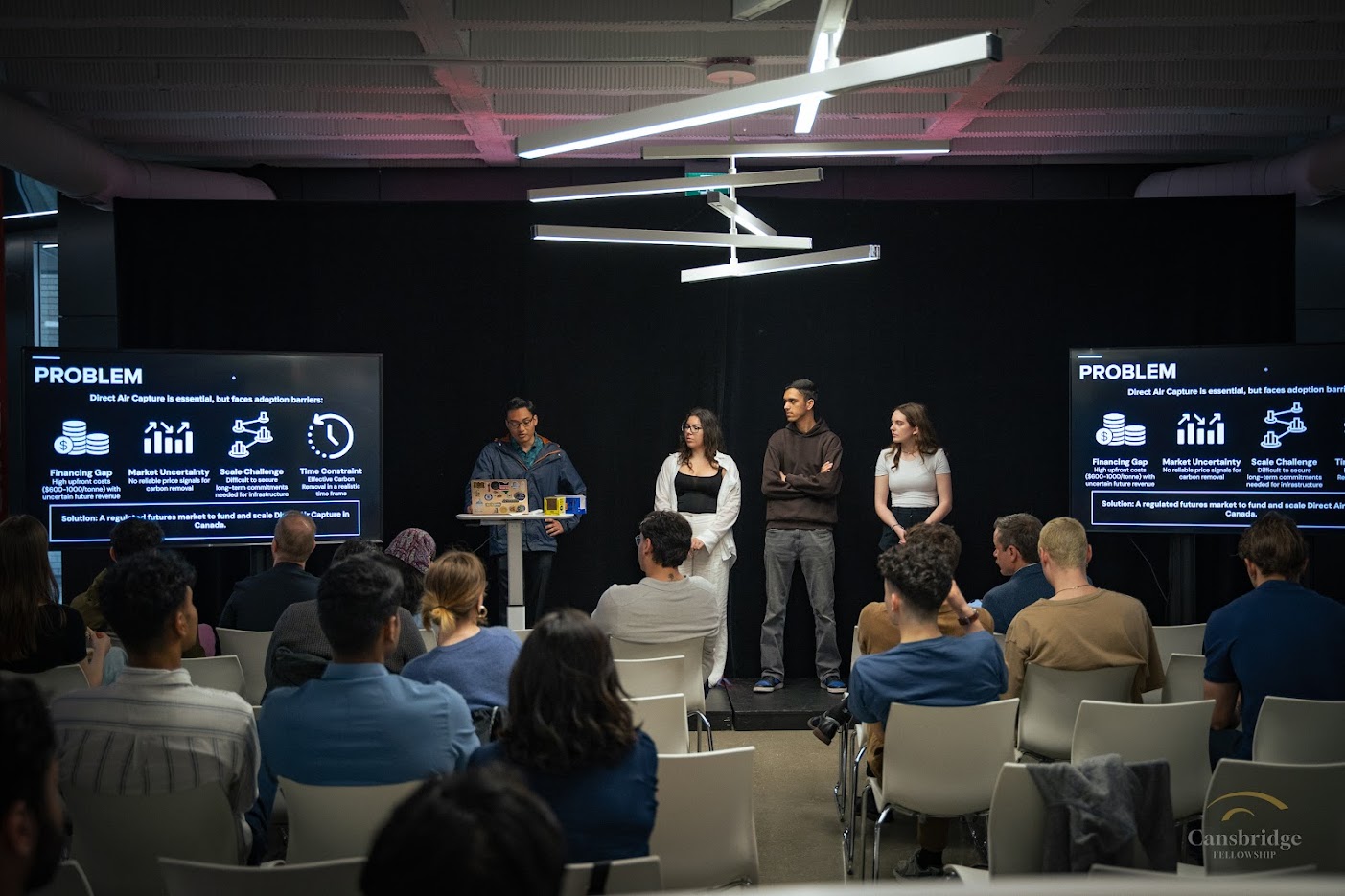 Students give a presentation to a crowd with a slideshow behind them